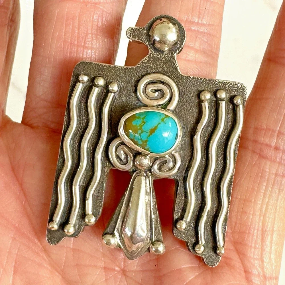 Navajo Thunderbird Ring Sonoran Turquoise Sz 7 Sterling Signed Mariano Adjustabl